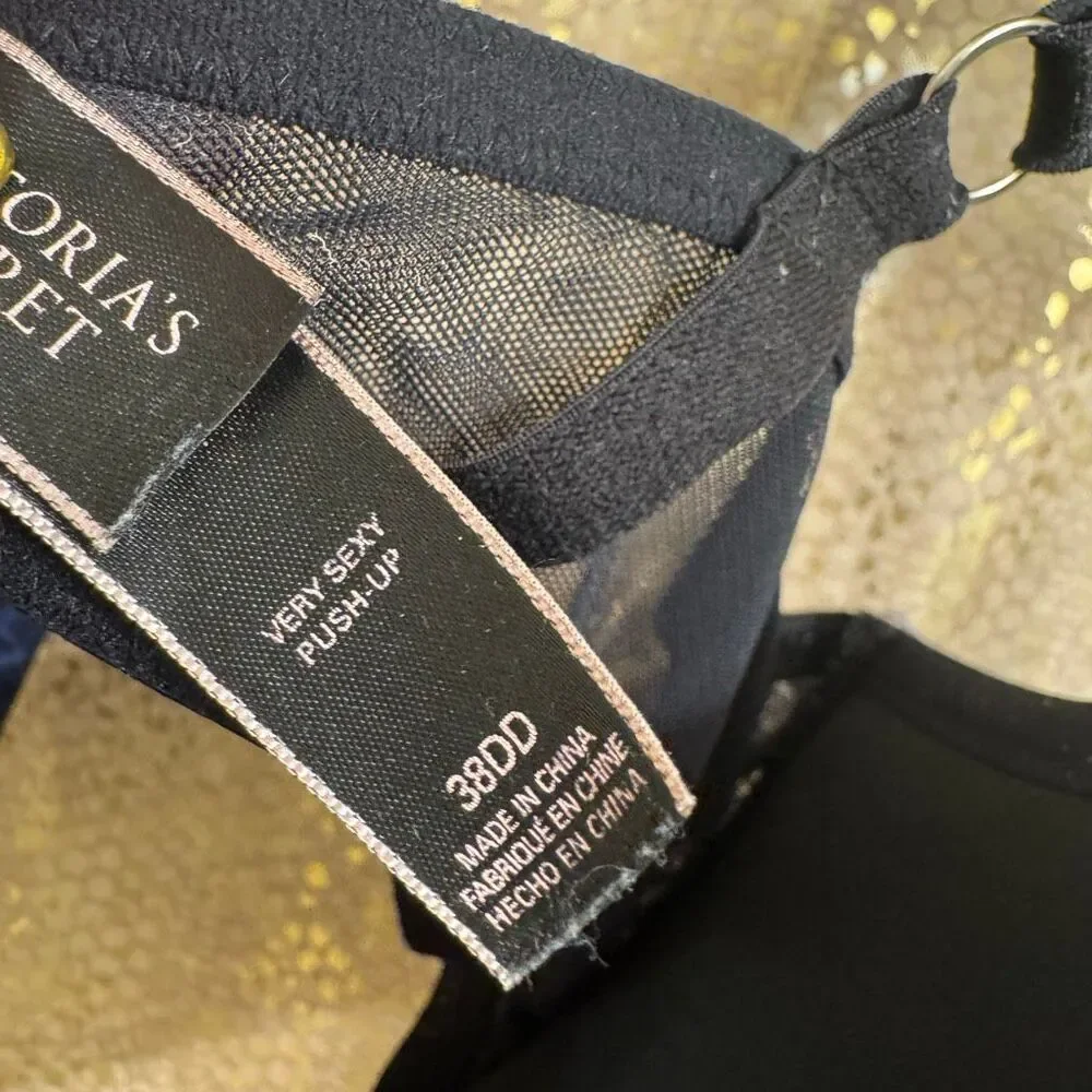 Victorias Secret Very Sexy Pushup Navy Blue Black Lace Rhinestone Bra 38DD
